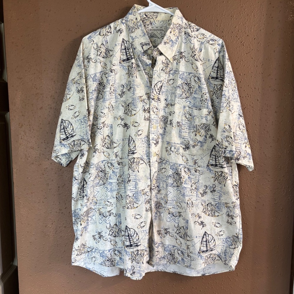 Crossings Mens XL Nautical Sailboat Fish Print Cotton ShortSleeve ButtonUp Shirt